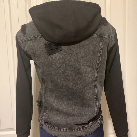 Distressed Denim Jacket with Hood - Picture 5 of 7